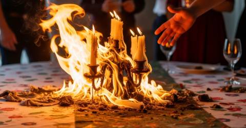 Brand; kaarsen en een tafelkleed op een tafel staan in brand met een groep mensen erom heen